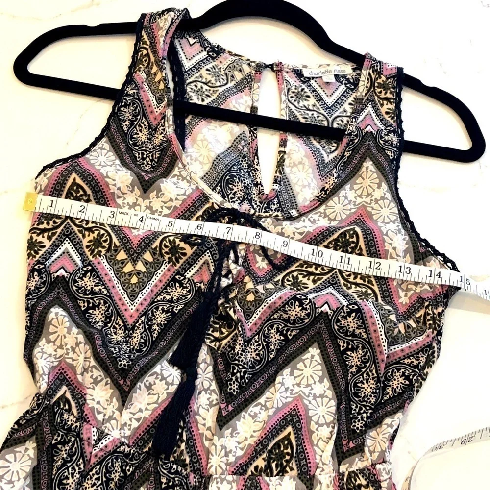 Charlotte Russe Sleeveless Romper Shorts S Dark Floral Boho Fairy Chevron Tassel
